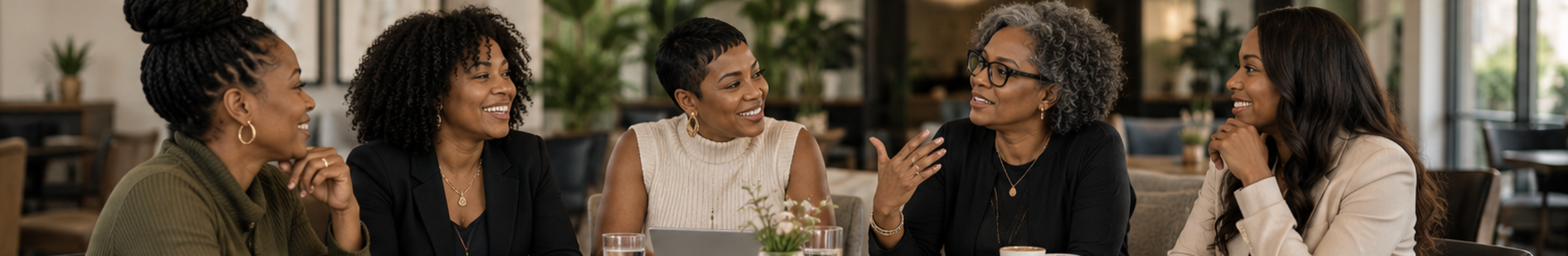 Two Black women talking across a café table
