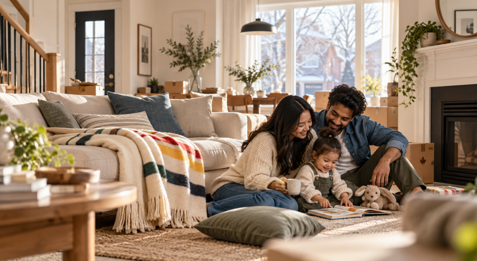 A young family settling into their new living room among moving boxes, with a Canadian striped blanket on the sofa