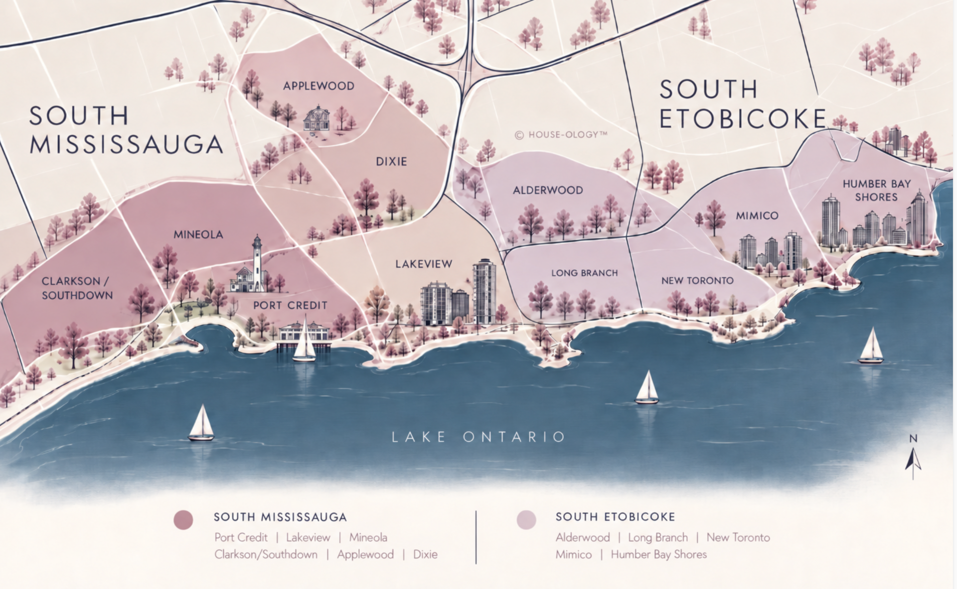 Illustrated map of South Etobicoke and South Mississauga, from Clarkson / Southdown to Humber Bay Shores