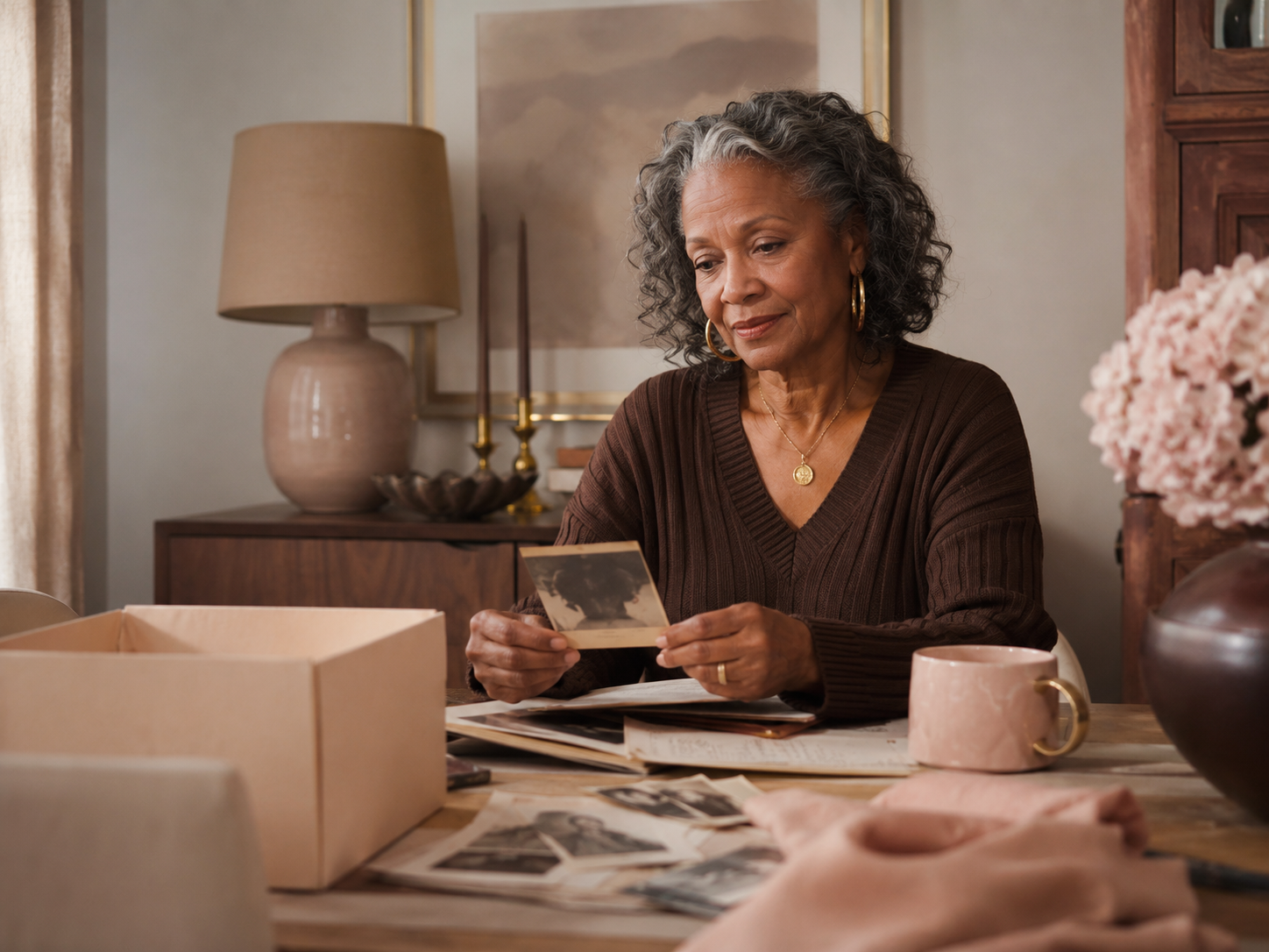 A woman looking through family photographs