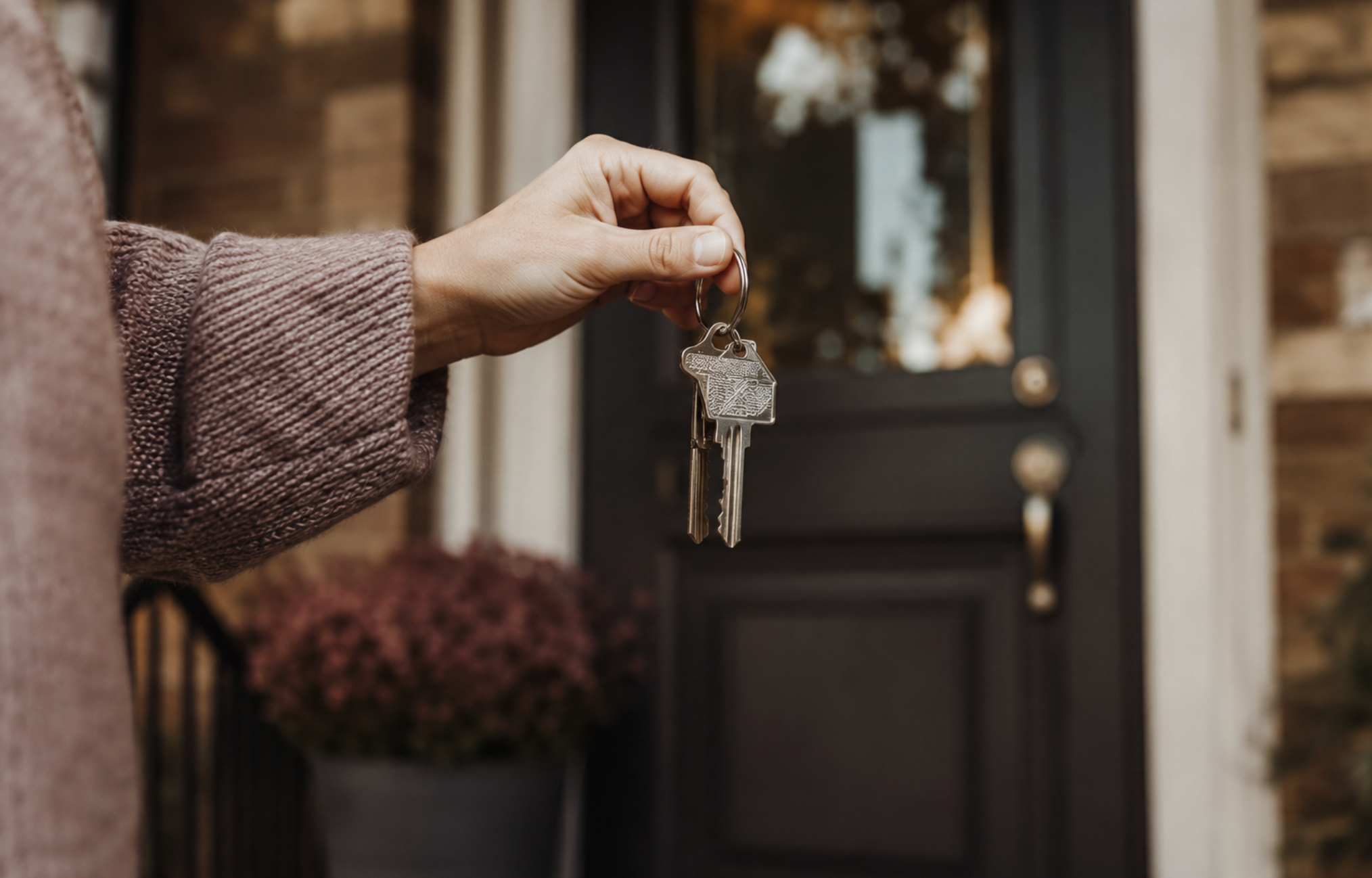 A hand holding house keys in front of a front door
