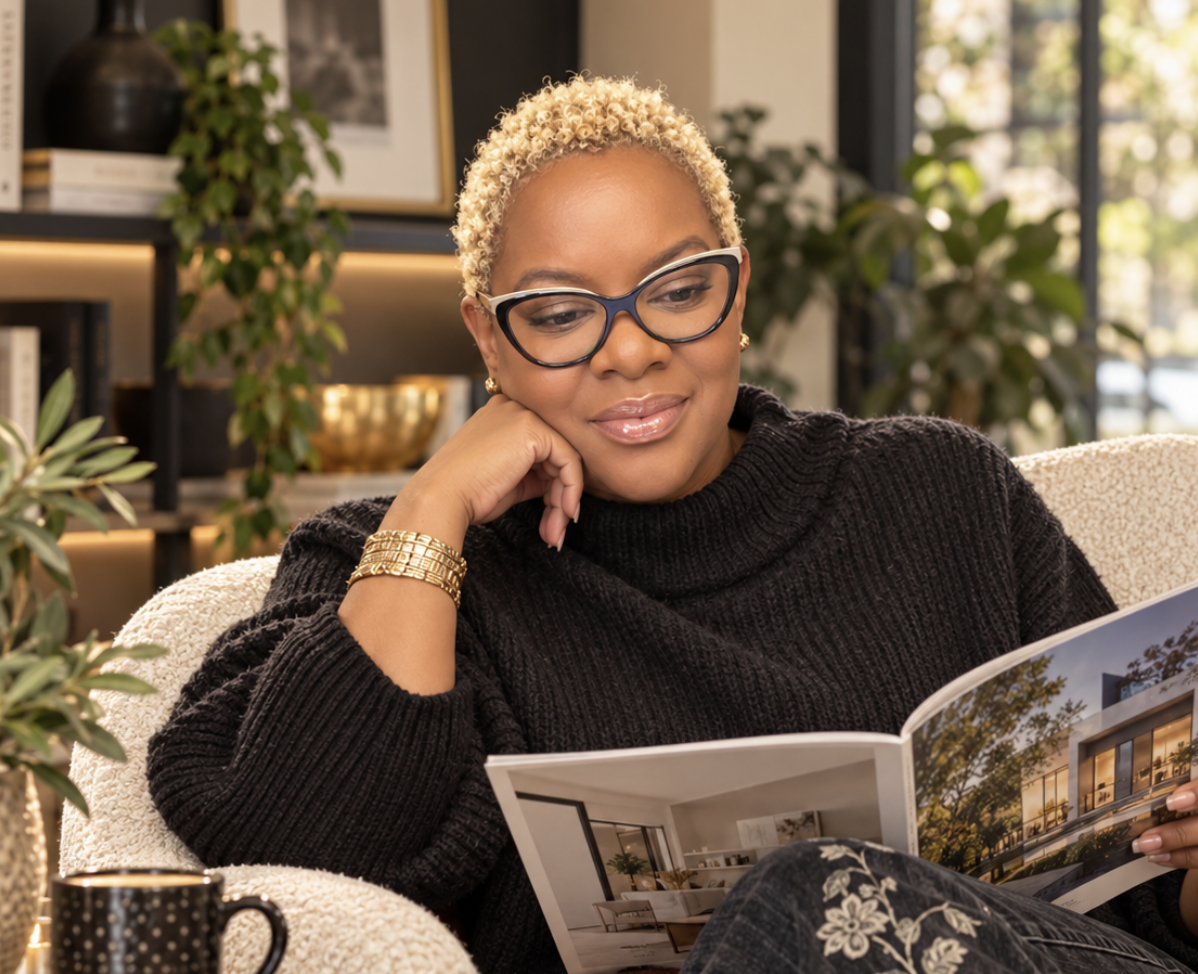 Michelle Babb reading a property brochure in an armchair
