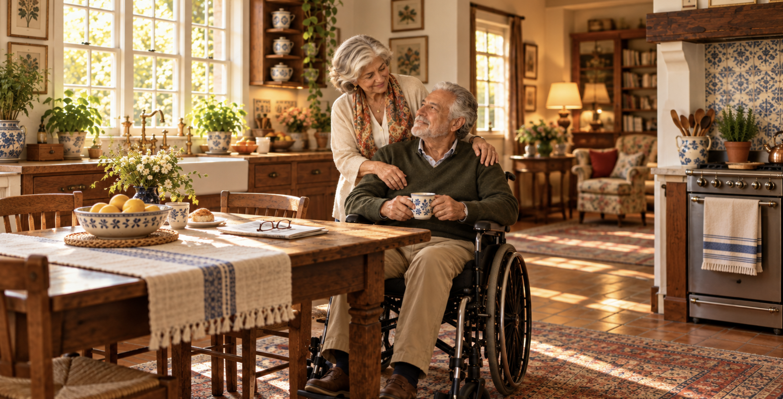An older couple sharing a quiet moment in their sunlit kitchen
